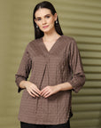 Brown Solid V-Neck Regular Top