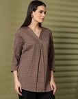 Brown Solid V-Neck Regular Top