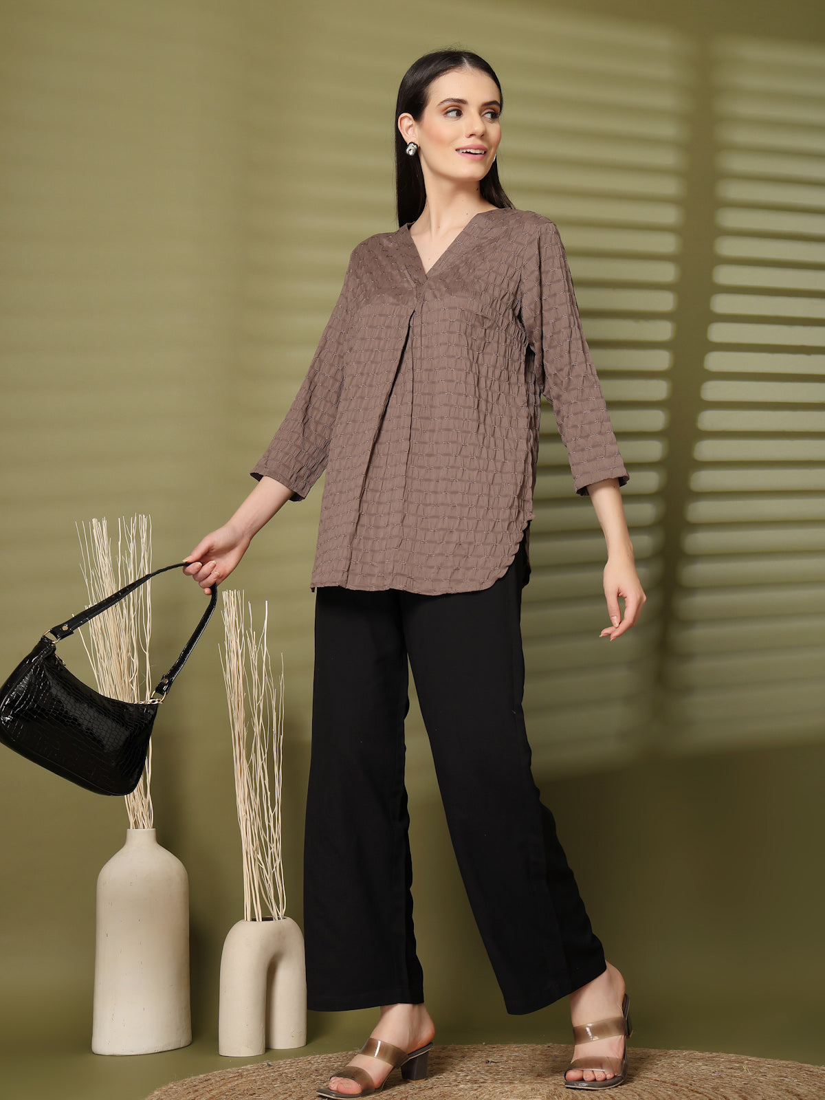 Brown Solid V-Neck Regular Top