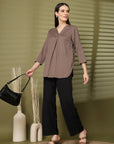 Brown Solid V-Neck Regular Top