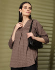 Brown Solid V-Neck Regular Top