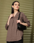 Brown Solid V-Neck Regular Top