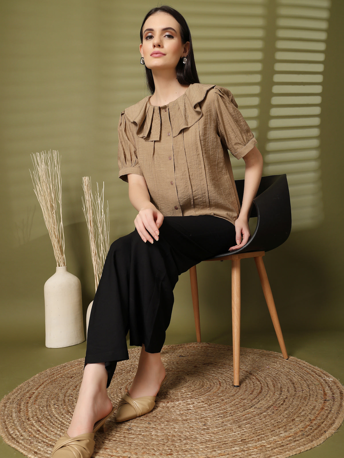 Brown Solid Shirt Style Top