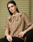 Brown Solid Shirt Style Top