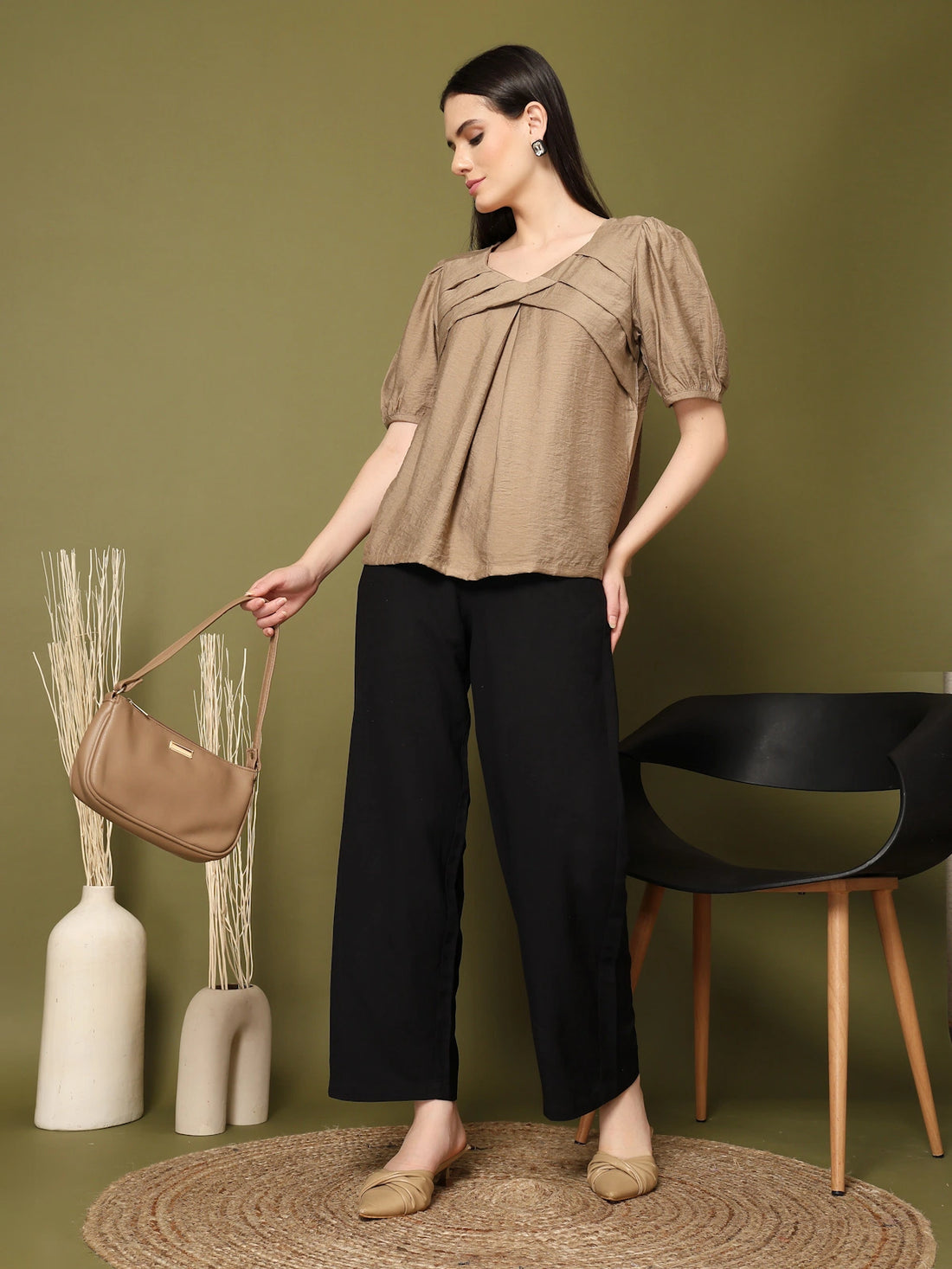 Brown Solid V-Neck Top