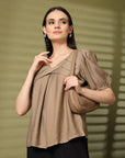 Brown Solid V-Neck Top