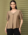 Brown Solid V-Neck Top