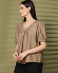 Brown Solid V-Neck Top