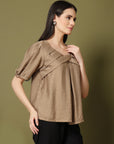 Brown Solid V-Neck Top