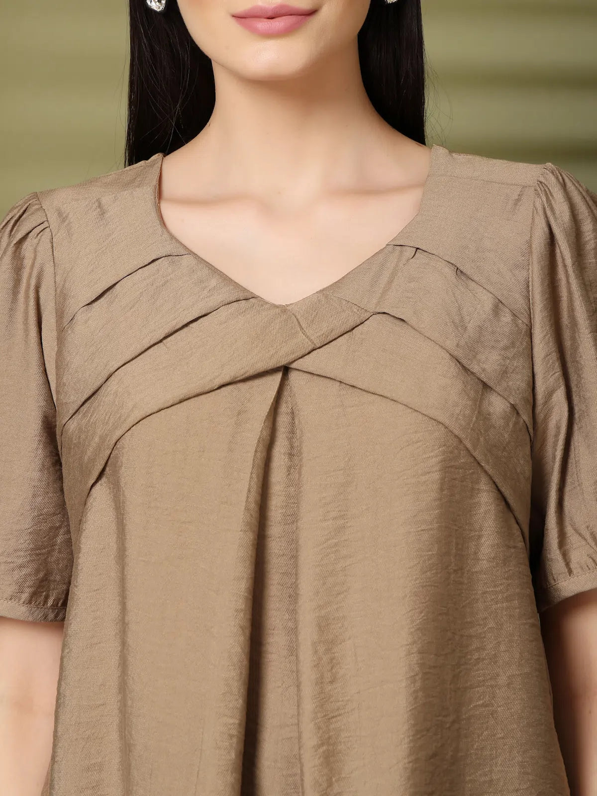 Brown Solid V-Neck Top