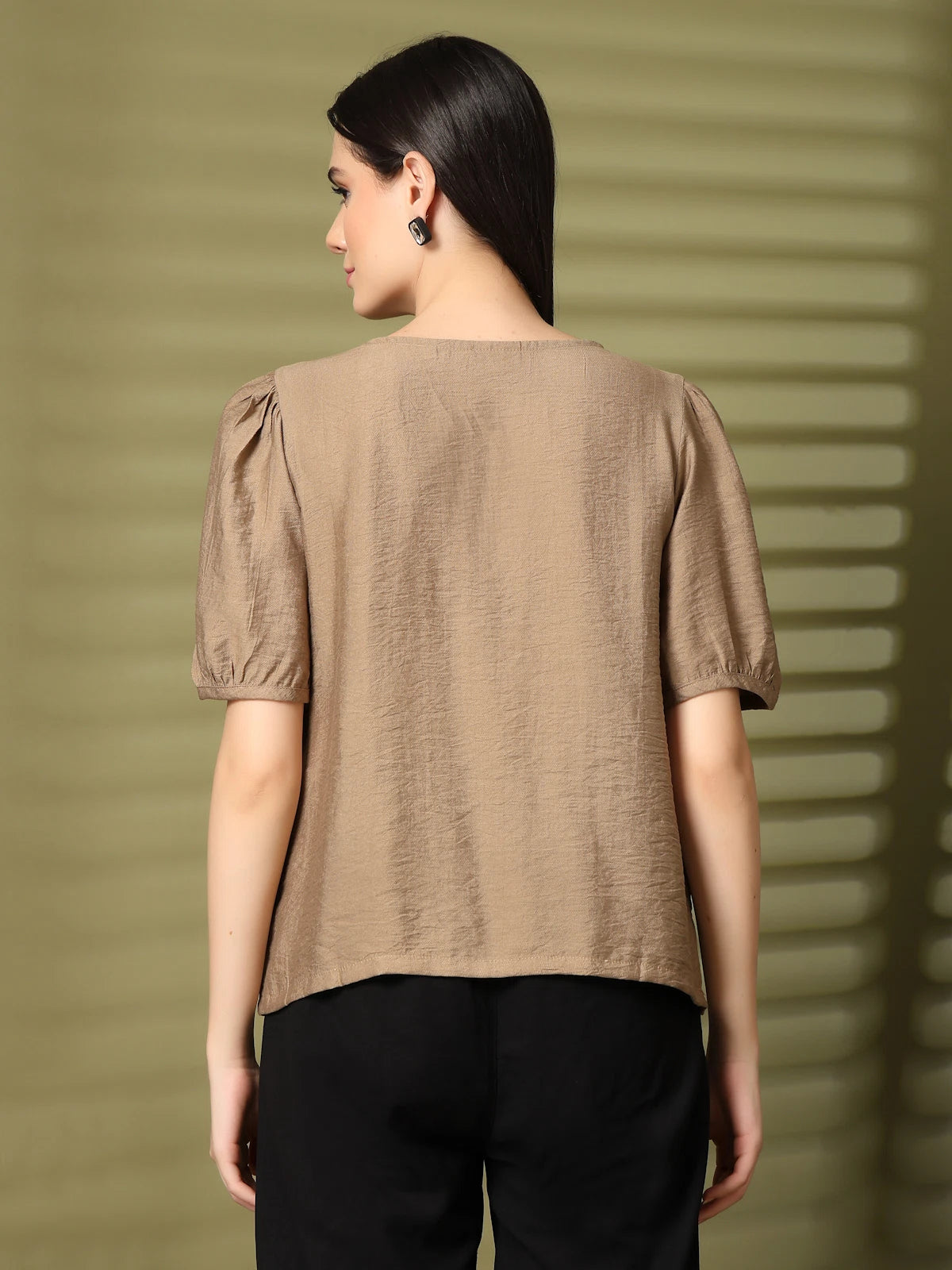 Brown Solid V-Neck Top