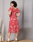 Women Floral Print Flutter Sleeve Fit & Flare Midi Dress