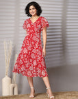 Women Floral Print Flutter Sleeve Fit & Flare Midi Dress