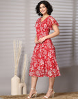 Women Floral Print Flutter Sleeve Fit & Flare Midi Dress