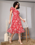 Women Floral Print Flutter Sleeve Fit & Flare Midi Dress