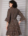 Brown Printed Bell Sleeve Fit & Flare Dress