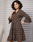 Brown Printed Bell Sleeve Fit & Flare Dress