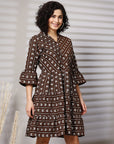 Brown Printed Bell Sleeve Fit & Flare Dress