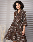 Brown Printed Bell Sleeve Fit & Flare Dress