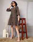 Brown Printed Bell Sleeve Fit & Flare Dress