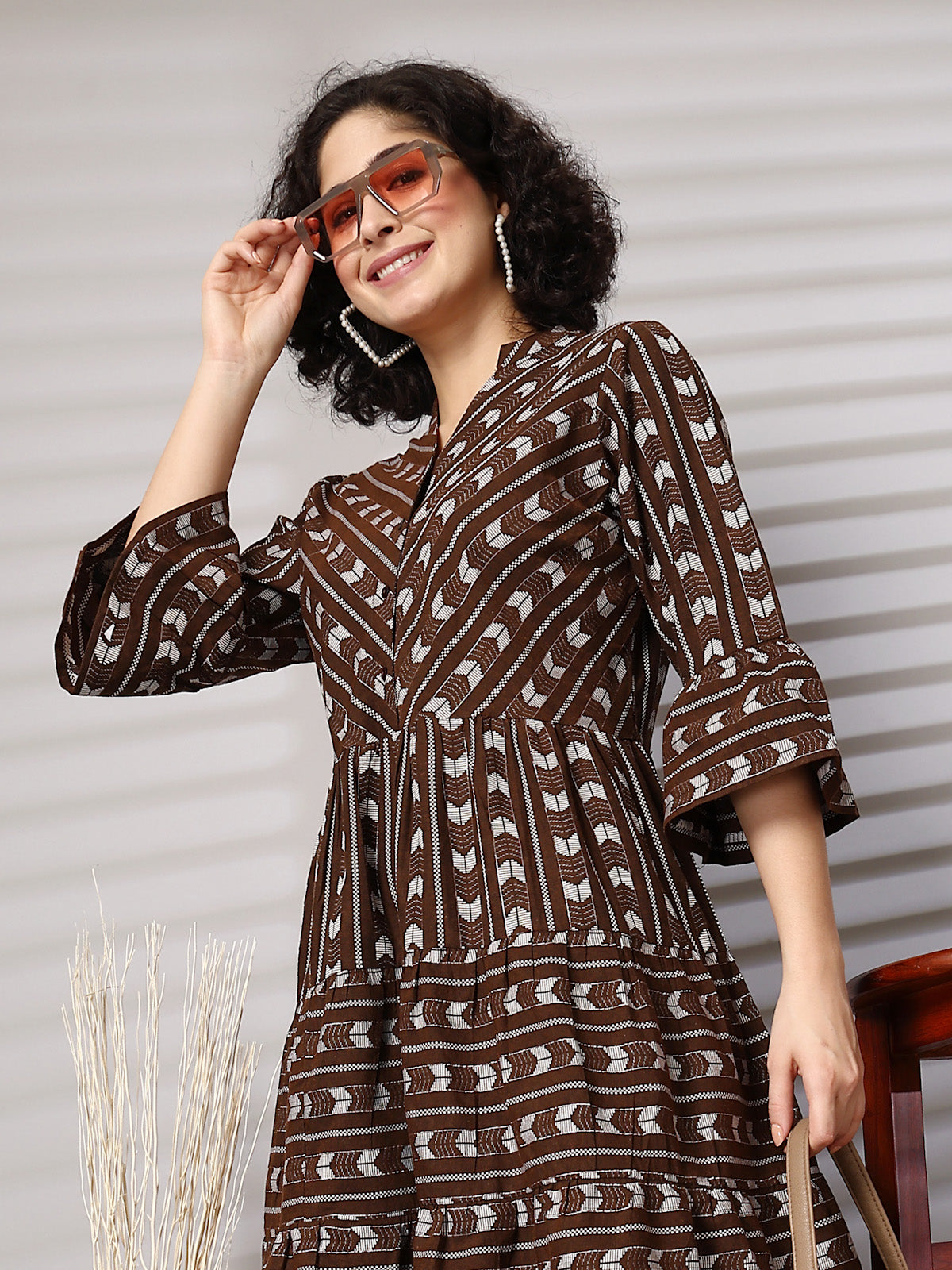 Brown Printed Bell Sleeve Fit &amp; Flare Dress