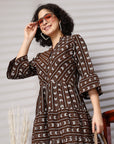 Brown Printed Bell Sleeve Fit & Flare Dress