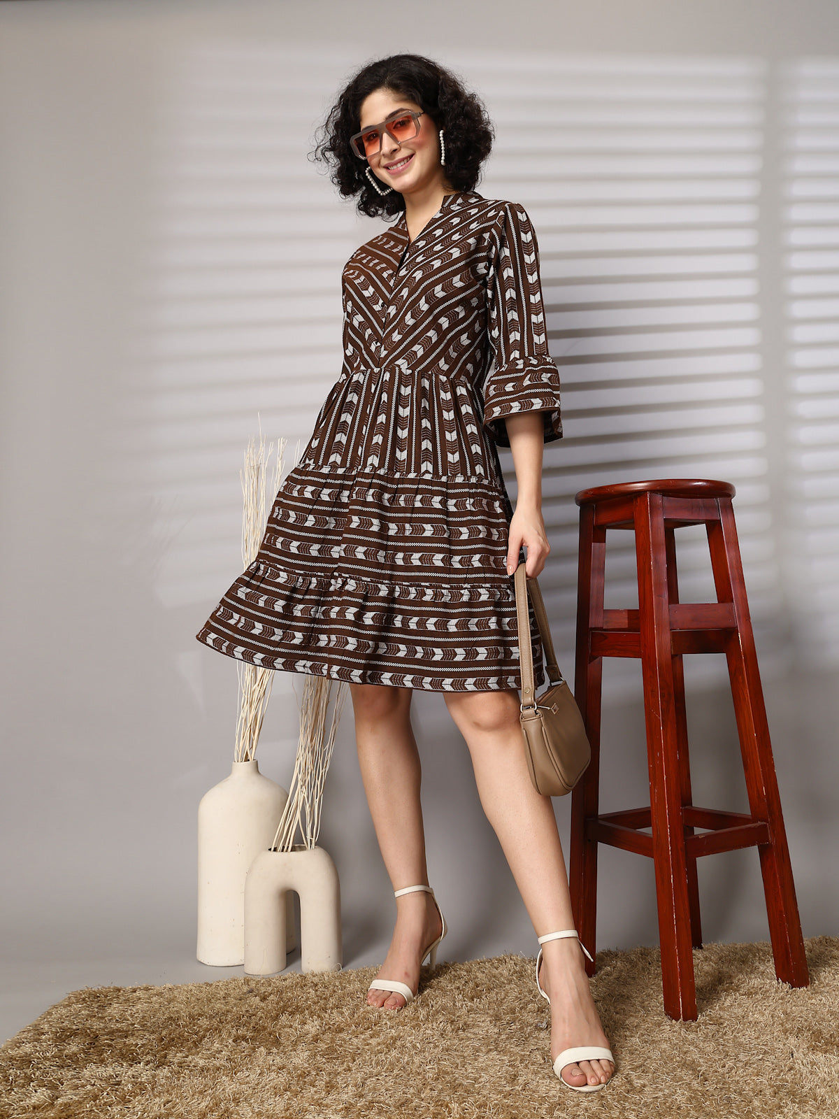 Brown Printed Bell Sleeve Fit &amp; Flare Dress