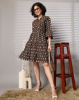 Brown Printed Bell Sleeve Fit & Flare Dress