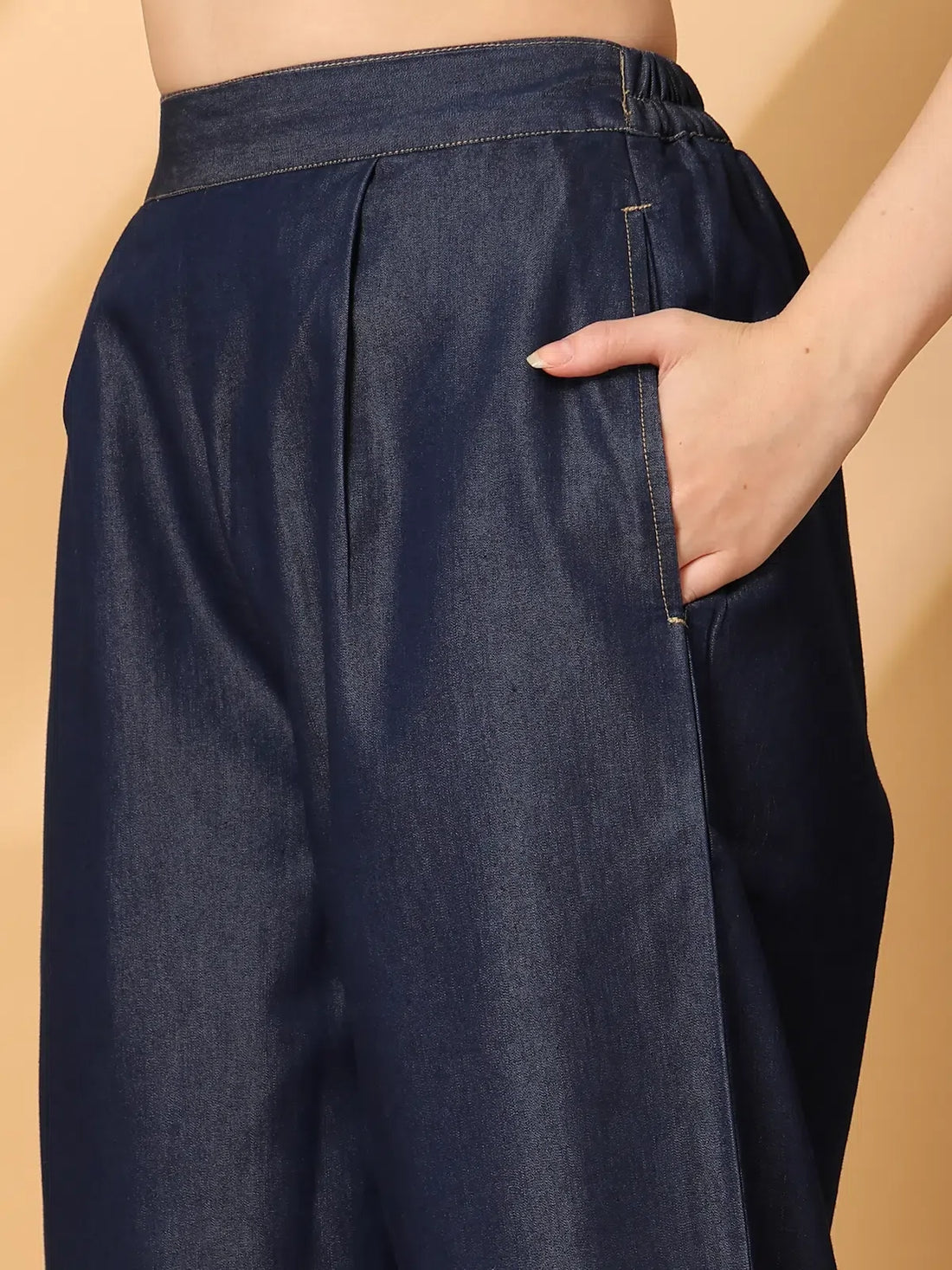 Blue Solid Denim Shirt With Trouser Co-Ords Sets