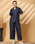 Blue Solid Denim Shirt With Trouser Co-Ords Sets