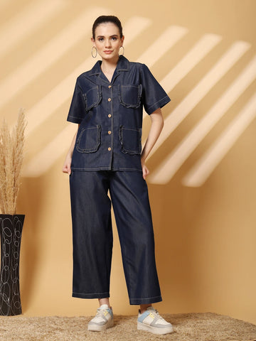Blue Solid Denim Shirt With Trouser Co-Ords Sets