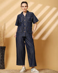 Blue Solid Denim Shirt With Trouser Co-Ords Sets