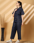 Blue Solid Denim Shirt With Trouser Co-Ords Sets