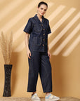 Blue Solid Denim Shirt With Trouser Co-Ords Sets