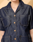 Blue Solid Denim Shirt With Trouser Co-Ords Sets