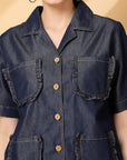 Blue Solid Denim Shirt With Trouser Co-Ords Sets