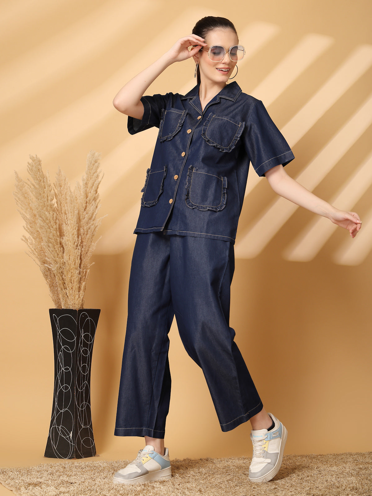 Blue Solid Denim Shirt With Trouser Co-Ords Sets