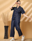 Blue Solid Denim Shirt With Trouser Co-Ords Sets