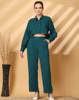 Solid Teal Pure Cotton Shirt With Trousers Co-Ords Sets