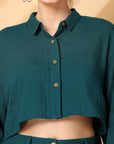 Solid Teal Pure Cotton Shirt With Trousers Co-Ords Sets