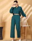 Solid Teal Pure Cotton Shirt With Trousers Co-Ords Sets