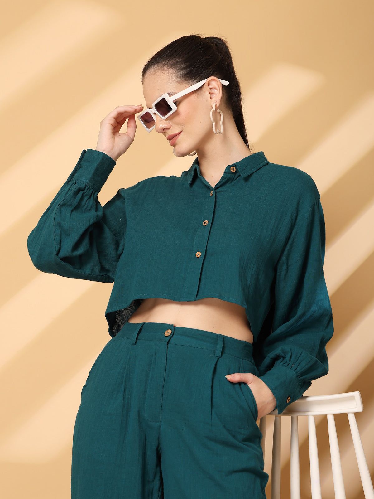 Solid Teal Pure Cotton Shirt With Trousers Co-Ords Sets