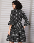 Black Printed Bell Sleeve Fit & Flare Dress