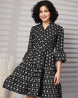 Black Printed Bell Sleeve Fit & Flare Dress