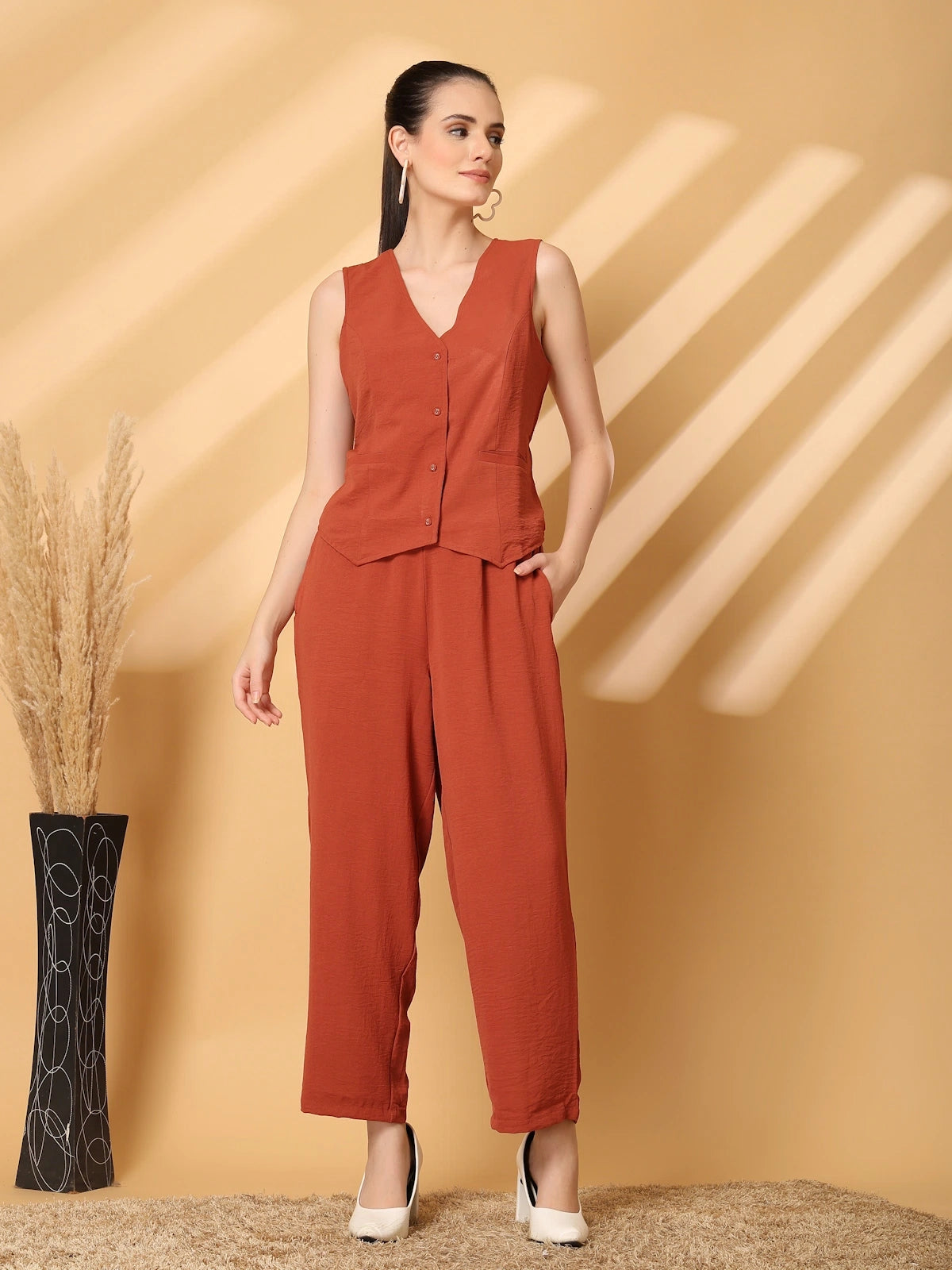 Rust Solid Rust Solid Top With Trousers Co-Ords Sets – CINK