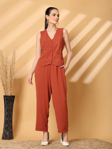 Rust Solid Top With Trousers Co-Ords Sets