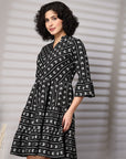 Black Printed Bell Sleeve Fit & Flare Dress