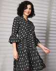 Black Printed Bell Sleeve Fit & Flare Dress