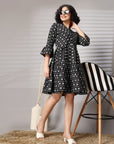 Black Printed Bell Sleeve Fit & Flare Dress