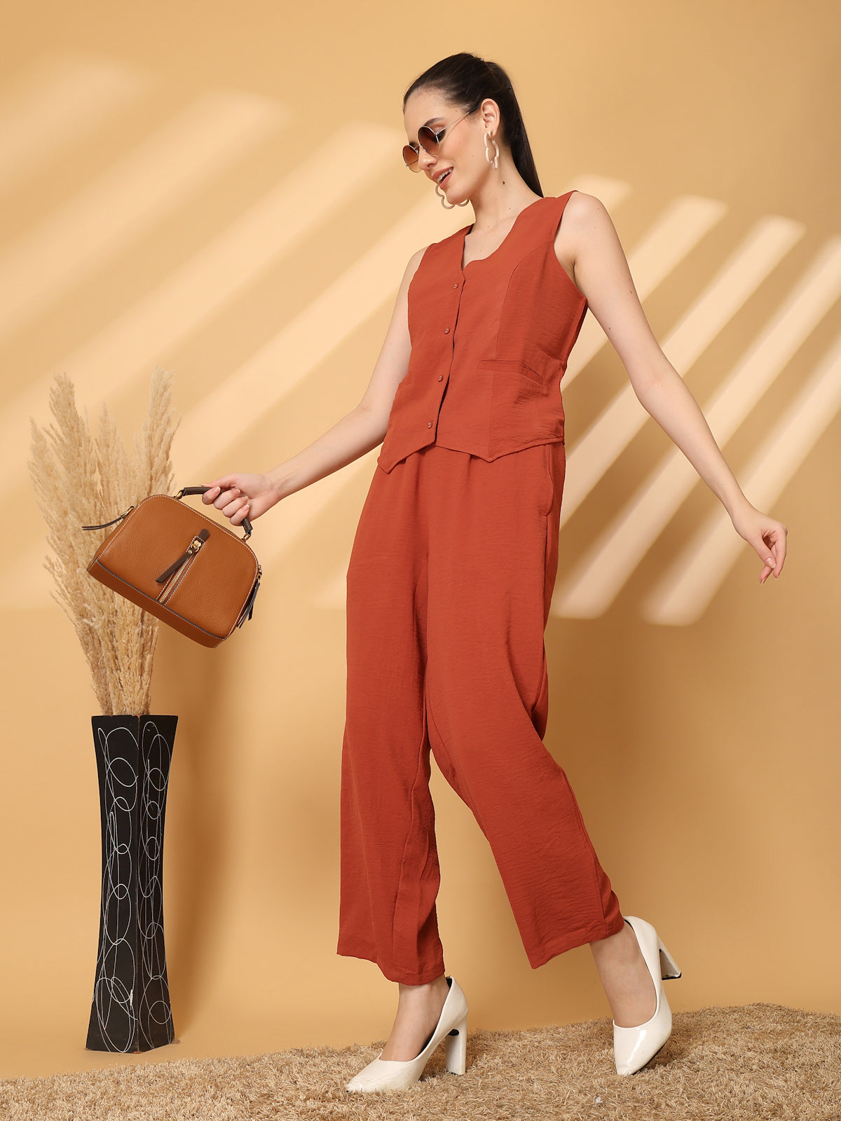 Rust Solid Top With Trousers Co-Ords Sets